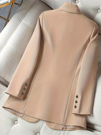 Long Sleeve Elegant Double-Breasted Pea Coat Blazer - Micro Elasticity, Polyester Material, Machine Washable, Regular Length, Solid Color - Perfect for Office and Work, Womens Clothing