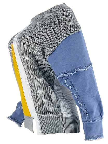 Chic Denim Patchwork Top with Stretch for Comfort - Long Sleeves & Round Neck for Versatile Styling, Perfect for Casual Wear