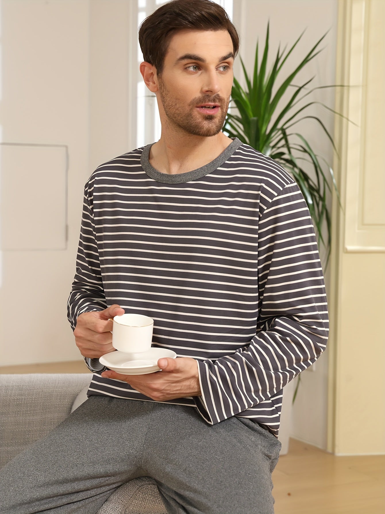 Men's Striped Long Sleeve Pajama Set: Relaxed, Spring/Autumn, Microfiber, Pocket, Regular Fit, Knit