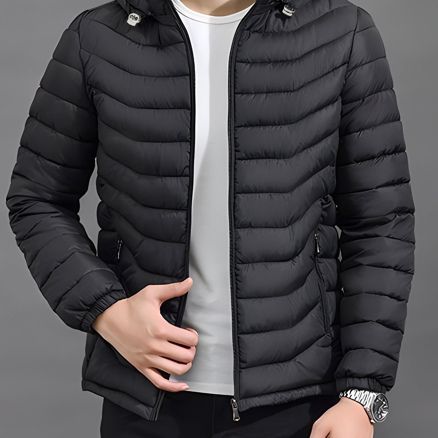 Mens Quilted Hooded Puffer Coat - Water-Resistant, Breathable, Zip-Up, Long Sleeve, Warm, and Lightweight - Perfect for City Walks, Street Hanging, and Winter Outdoor Activities