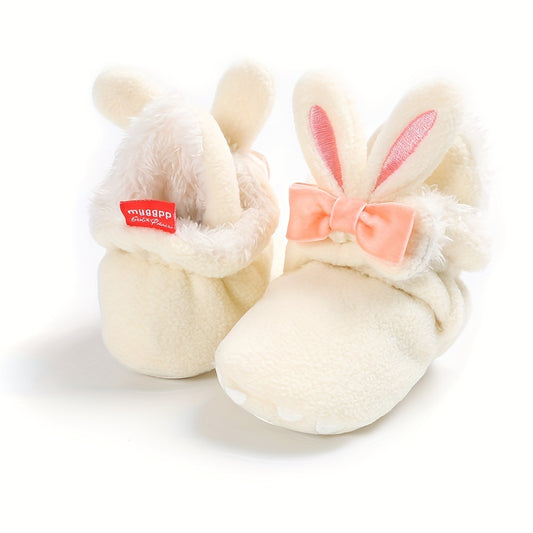 Myggpp Cute Bunny Ear Infant Booties - Casual & Party Ankle-High Walking Shoes with Hook and Loop Fastener, Soft Fabric Upper and Inner Sole, Round Toe, Solid Color with Cartoon Design for Boys and Infants, Suitable for All Seasons