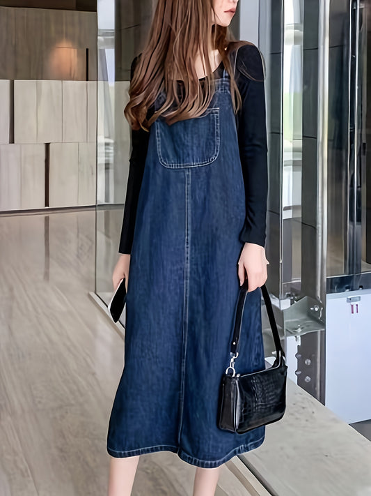 Effortless Chic Midi Denim Pinafore Dress - Versatile, Durable with Front Pockets for Spring/Fall