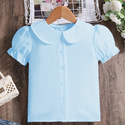 Girls' Preppy Solid Puff Short Sleeve Collar Shirt - Button-Down Shirt with Classic Style and Relaxed Fit - Perfect Gift for Little Ladies