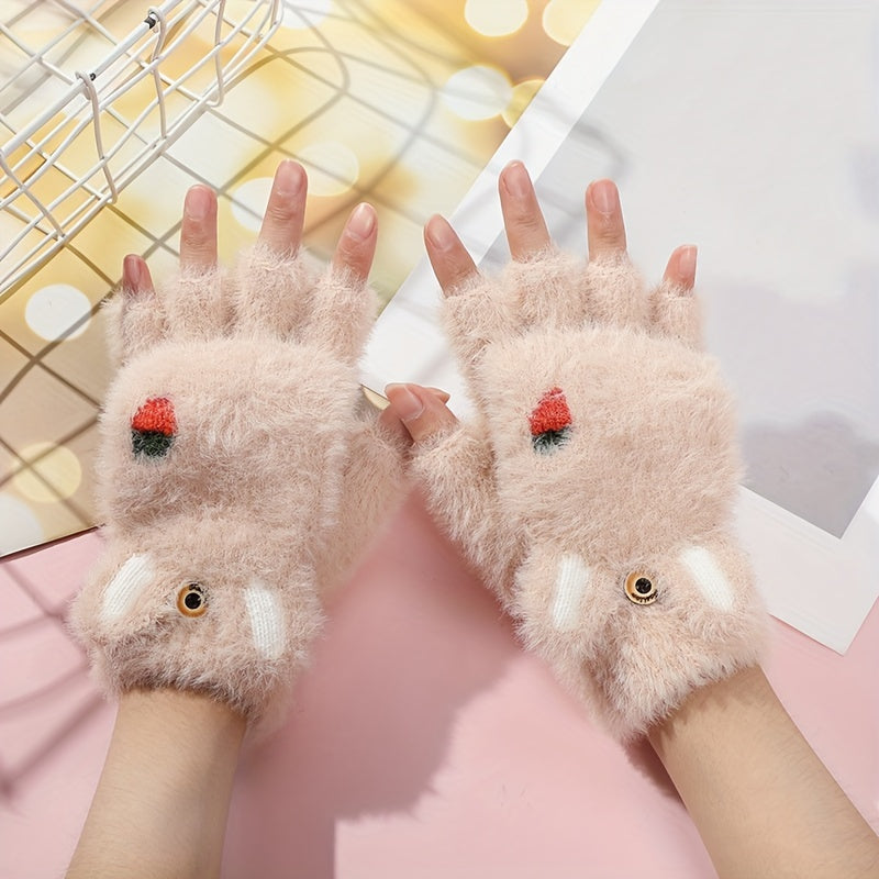 Cute Cat Paw Fuzzy Lined Mitten Gloves - Soft, Warm, Flip-Up, Fingerless, Winter Gloves with Aesthetic Design