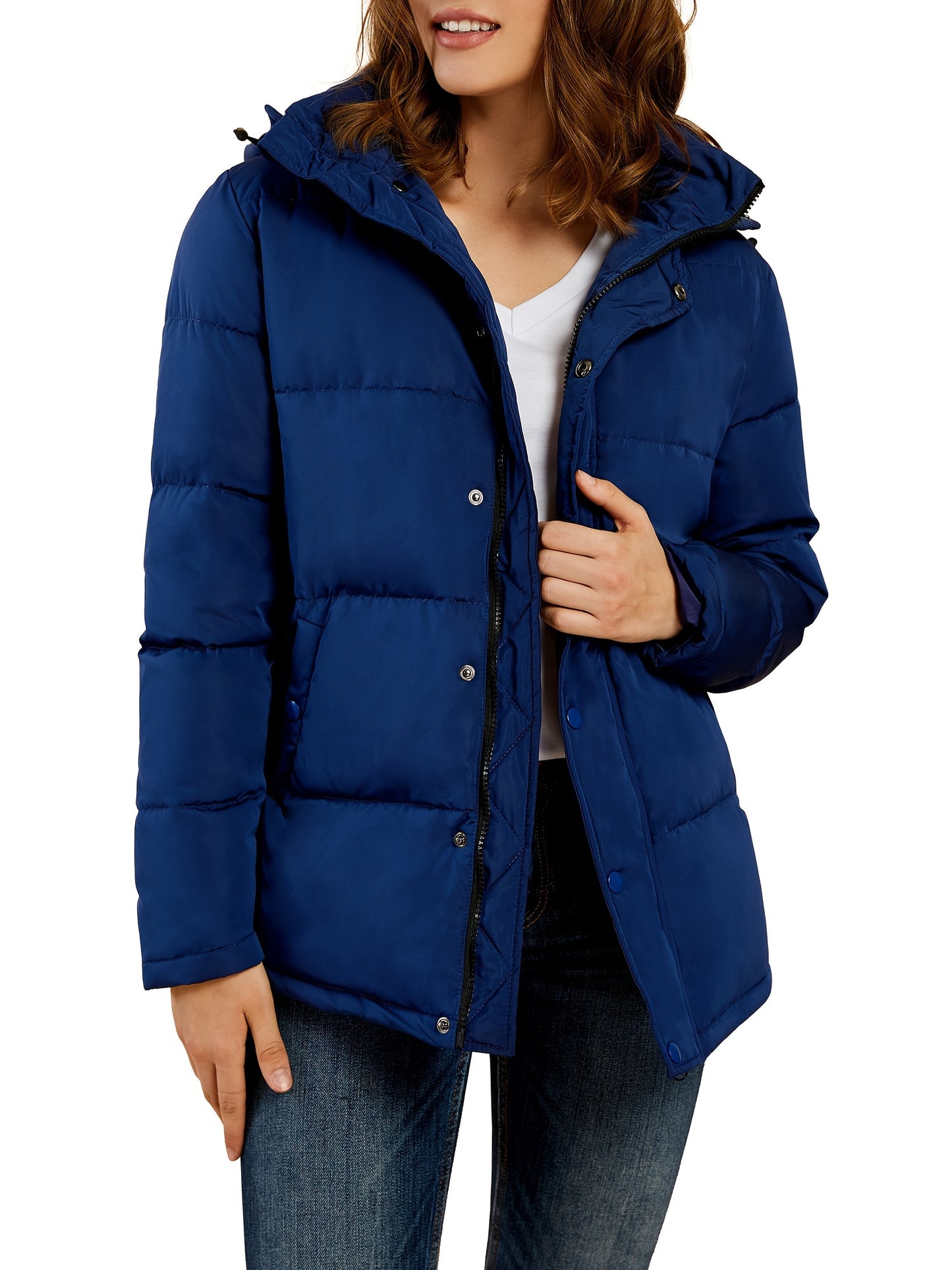 Womens Chic Hooded Button-Front Coat - Solid Color, Long Sleeve Winter Warmth - Durable Outerwear for Casual Style