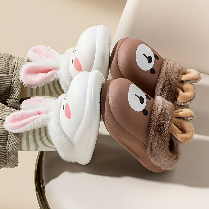 Children's Cute Cartoon Bunny & Bear Slip-On Slippers - Cozy Warm Fabric-Lined Non-Slip Waterproof Rubber Sole Slippers for Boys Under 14 - XLML1968 Kids Plush Cotton Winter Indoor Footwear