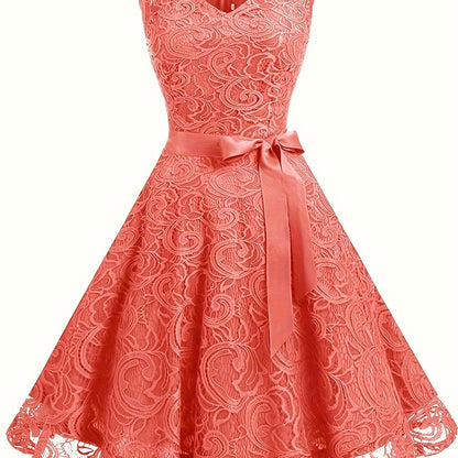 SENGPA Charming Lace V-Neck Bridesmaid Dress - Adjustable Tie Waist, Flowy Sleeveless Swing Style - Premium Evening Wear for Women