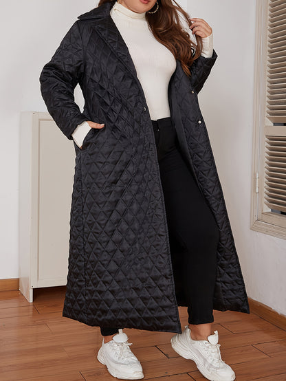 Plus Size Womens Charming Quilted Puffer Coat - Stylish Lapel Collar & Longline Design - Solid Color, Button-Up, Warm Winter Wear - Perfect for Casual Days, Sizes Above Regular