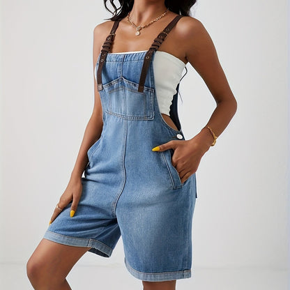 Blue Denim Jumpsuit with Bold Contrast Straps - Distressed Ripped Holes, Non-Stretch Romper - Fashionable Womens Clothing, Trendy Denim Statement