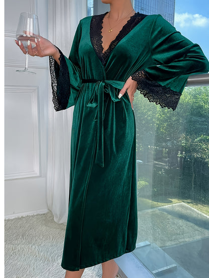 Elegant Velvet Lace Trim Lounge Robes, Comfy Long Sleeve V Neck Home Robe With Belt, Women's Loungewear & Sleepwear