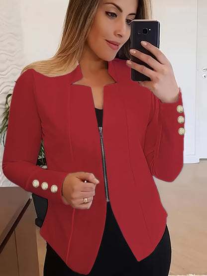 Fashionable Womens Solid Zip-Up Jacket with Button Detail - Comfy Long Sleeves, Casual Style - Premium Clothing Wardrobe Staple