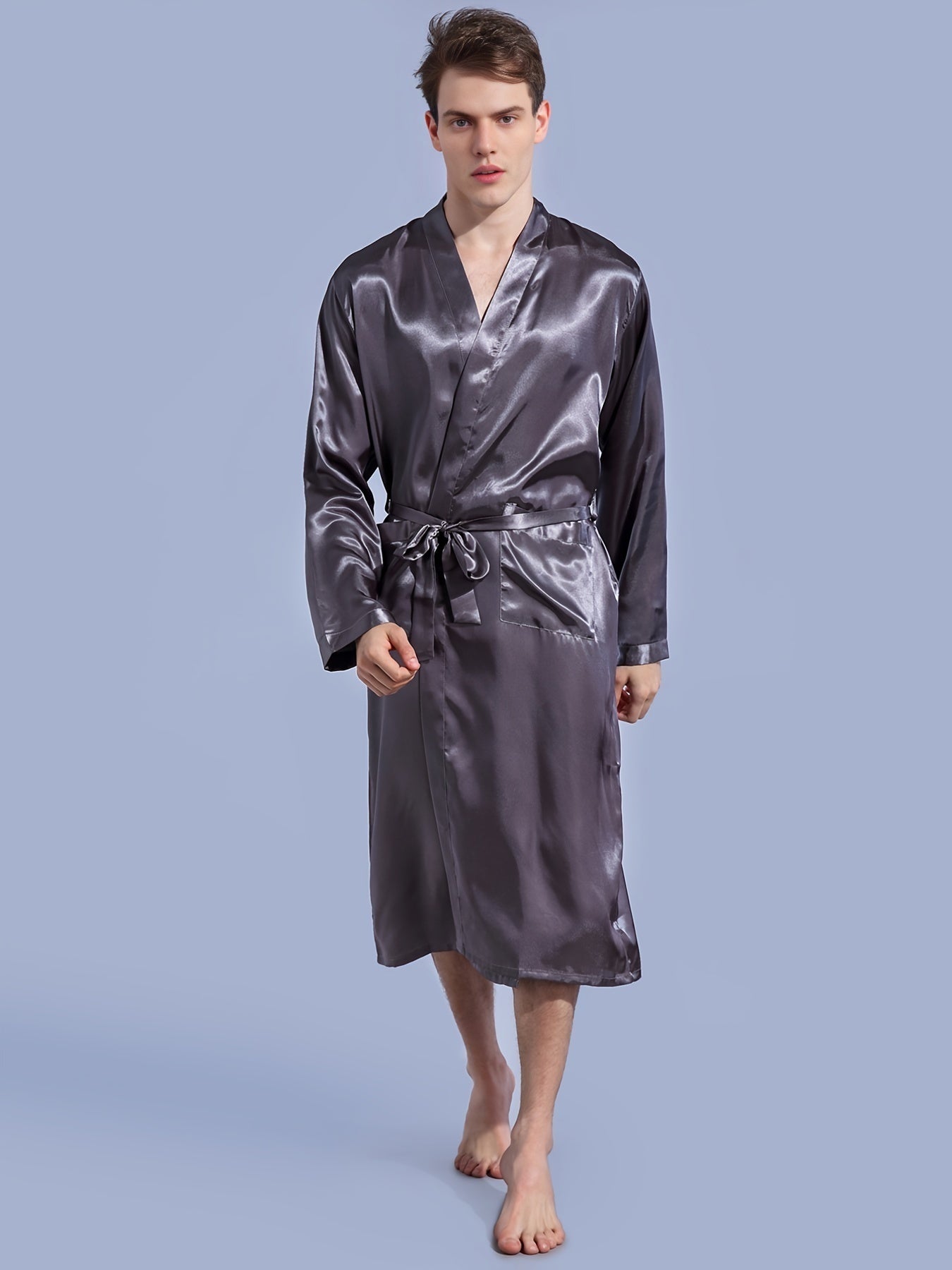 Mens Premium V-neck Belted Bathrobe - Soft & Breathable Loungewear - Quick Drying, Ultra-Comfortable, Adjustable - Perfect for Indoor Relaxation in Plain Colors