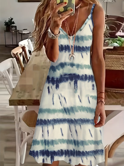Versatile Polyester Tie-Dye Spaghetti Dress for Women – V-neck, Comfortable Knit with All-Season Appeal, Non-Sheer