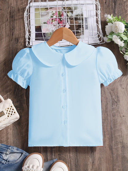 Girls' Preppy Solid Puff Short Sleeve Collar Shirt - Button-Down Shirt with Classic Style and Relaxed Fit - Perfect Gift for Little Ladies