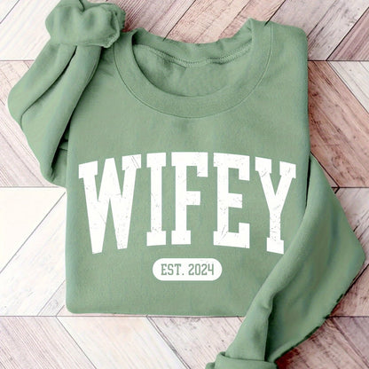 Cozy Wifey Print Pullover Sweatshirt - Soft Mid-Elasticity Polyester Crew Neck Casual Long Sleeve Top for Fall & Winter - Machine Washable, Alphabets Pattern, Knit Fabric, Perfect for Womens Everyday Wear