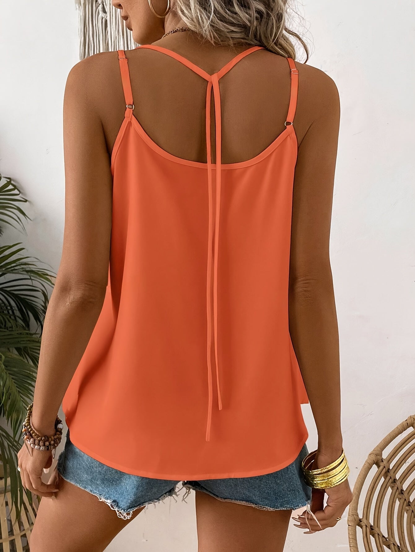 Button Front V Neck Cami Top, Elegant Solid Double Spaghetti Strap Sleeveless Top For Spring & Summer, Women's Clothing