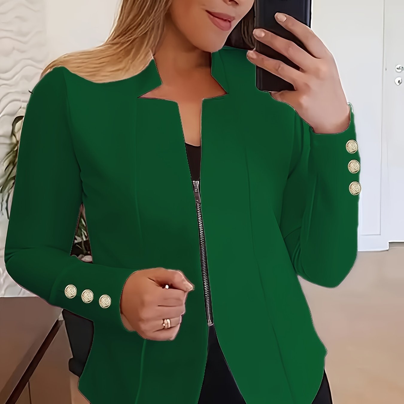 Fashionable Womens Solid Zip-Up Jacket with Button Detail - Comfy Long Sleeves, Casual Style - Premium Clothing Wardrobe Staple