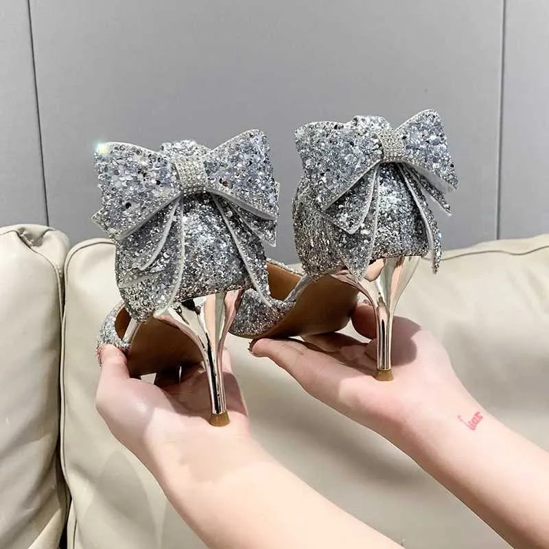 Dress Shoes for Woman Silver Womens Summer Footwear Wedding Bride Shoe Rhinestone Pointed Toe Super High Heel Diamond H240527