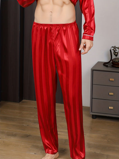 Men's Striped Lounge Pants - Comfy Elastic Waistband - Vibrant Red - Perfect for Spring & Autumn Relaxation