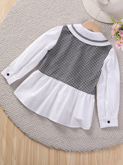 Stylish Plaid Patchwork Peplum Shirt for Girls - Long Sleeve, Collared, Flattering Fit, Casual Chic, Autumn Winter Fashion Essential - Perfect for School, Daily Wear