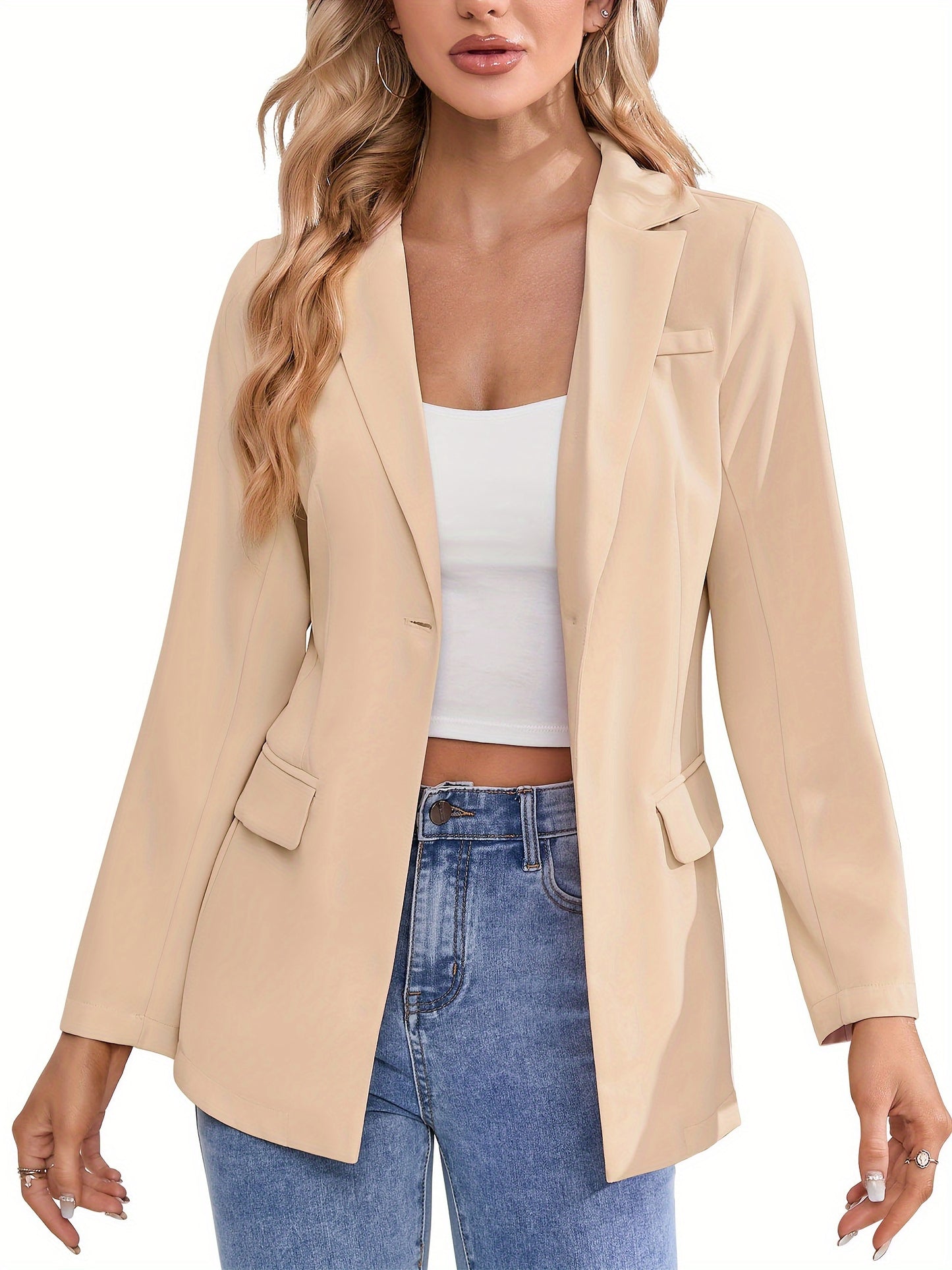 Solid Simple Button Front Blazer, Versatile Lapel Long Sleeve Blazer For Office & Work, Women's Clothing