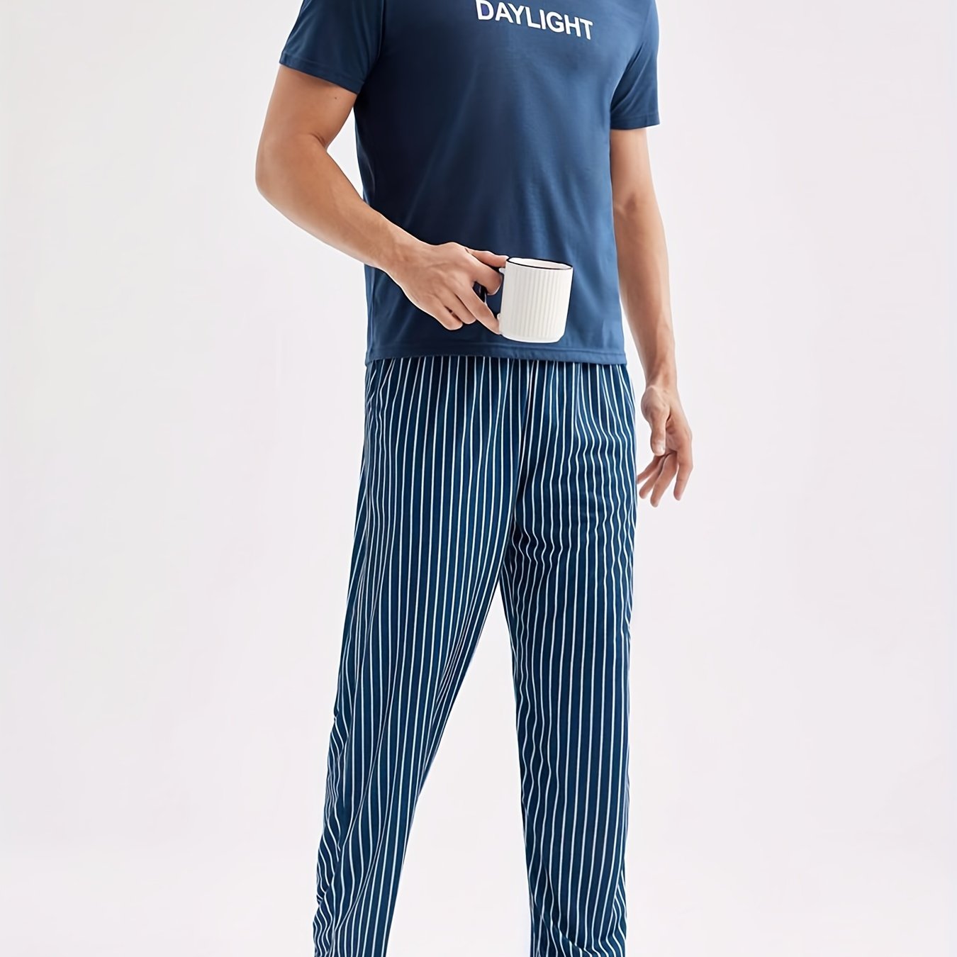 Men's Casual Crew Neck Short Sleeve Pajama Set with Striped Pants, 100% Polyester Knit Fabric, Slight Stretch, All Season Comfort Sleepwear Set