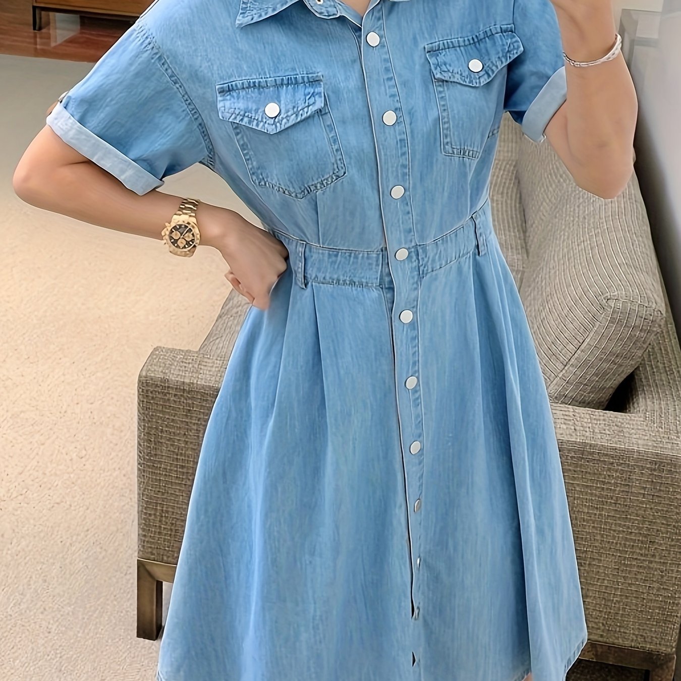 Chic Single-Breasted Denim Dress - Short Sleeve with Belted Waist - Elegant Lapel Casual Washed Style - Womens Premium Jeans Clothing