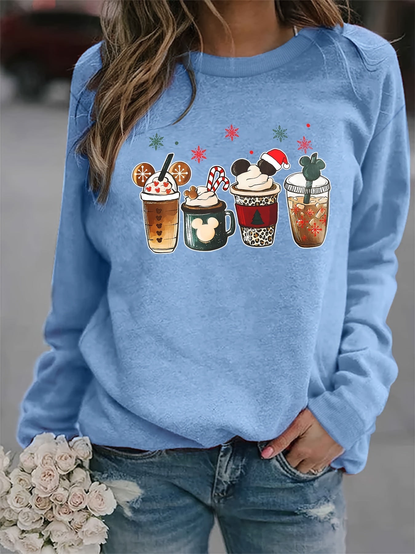 Christmas Coffee Print Sweatshirt, Casual Long Sleeve Crew Neck Sweatshirt, Women's Clothing