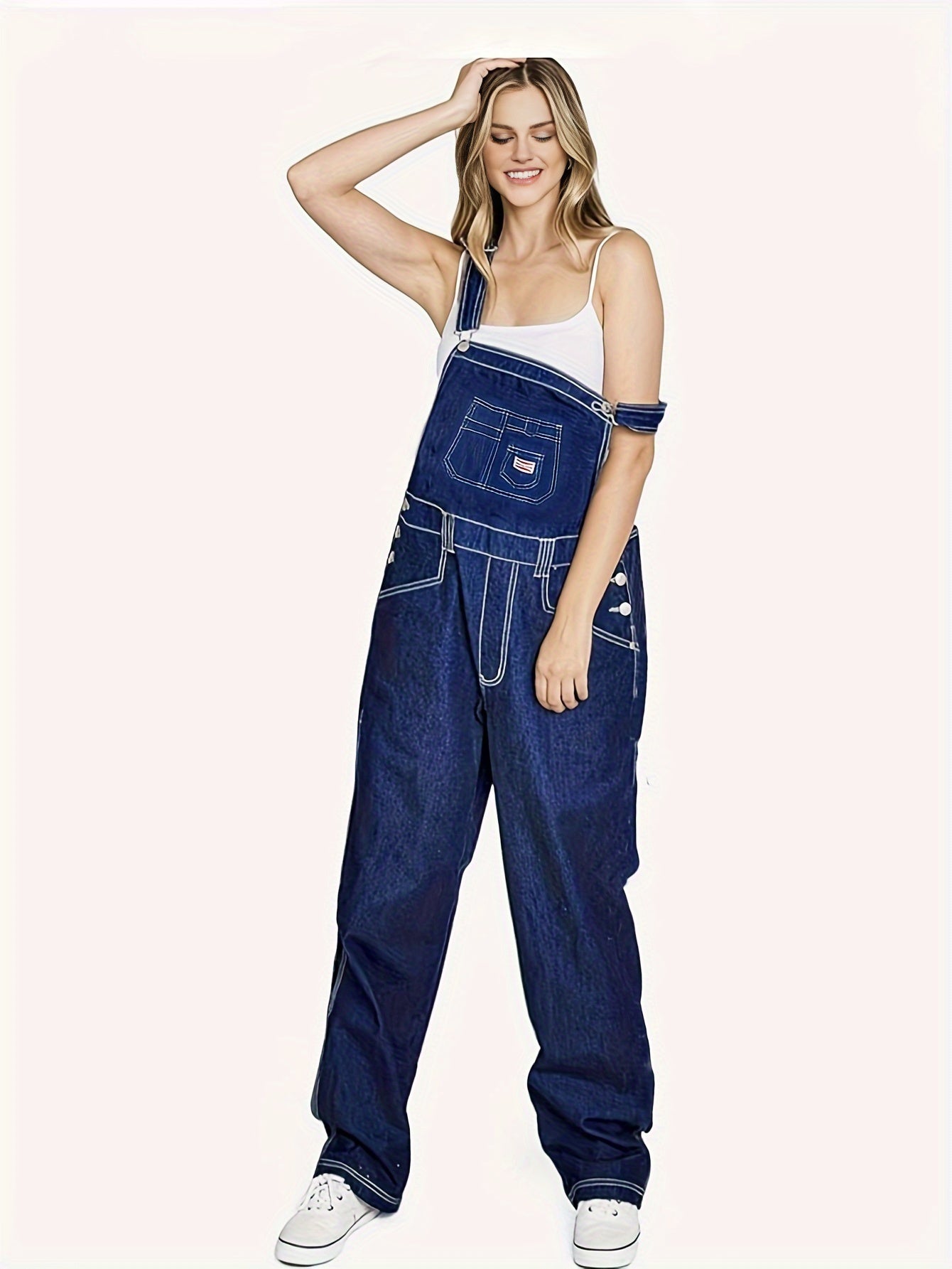 Women's Adjustable-Strap Denim Overalls - Comfy Loose Fit with Patch Pockets & Contrast Stitching, Casual Everyday Wear