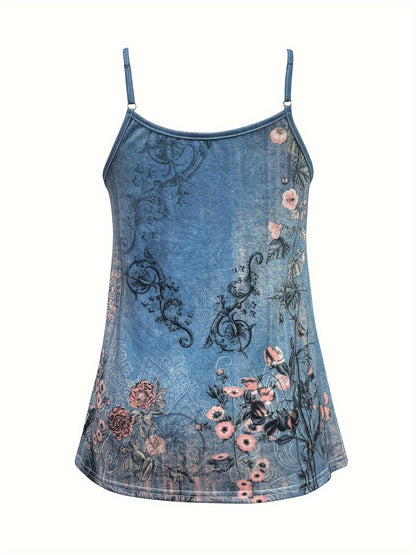 Floral Print Scoop Neck Tank Top, Casual Sleeveless Backless Spaghetti Strap Top For Spring & Summer, Women's Clothing