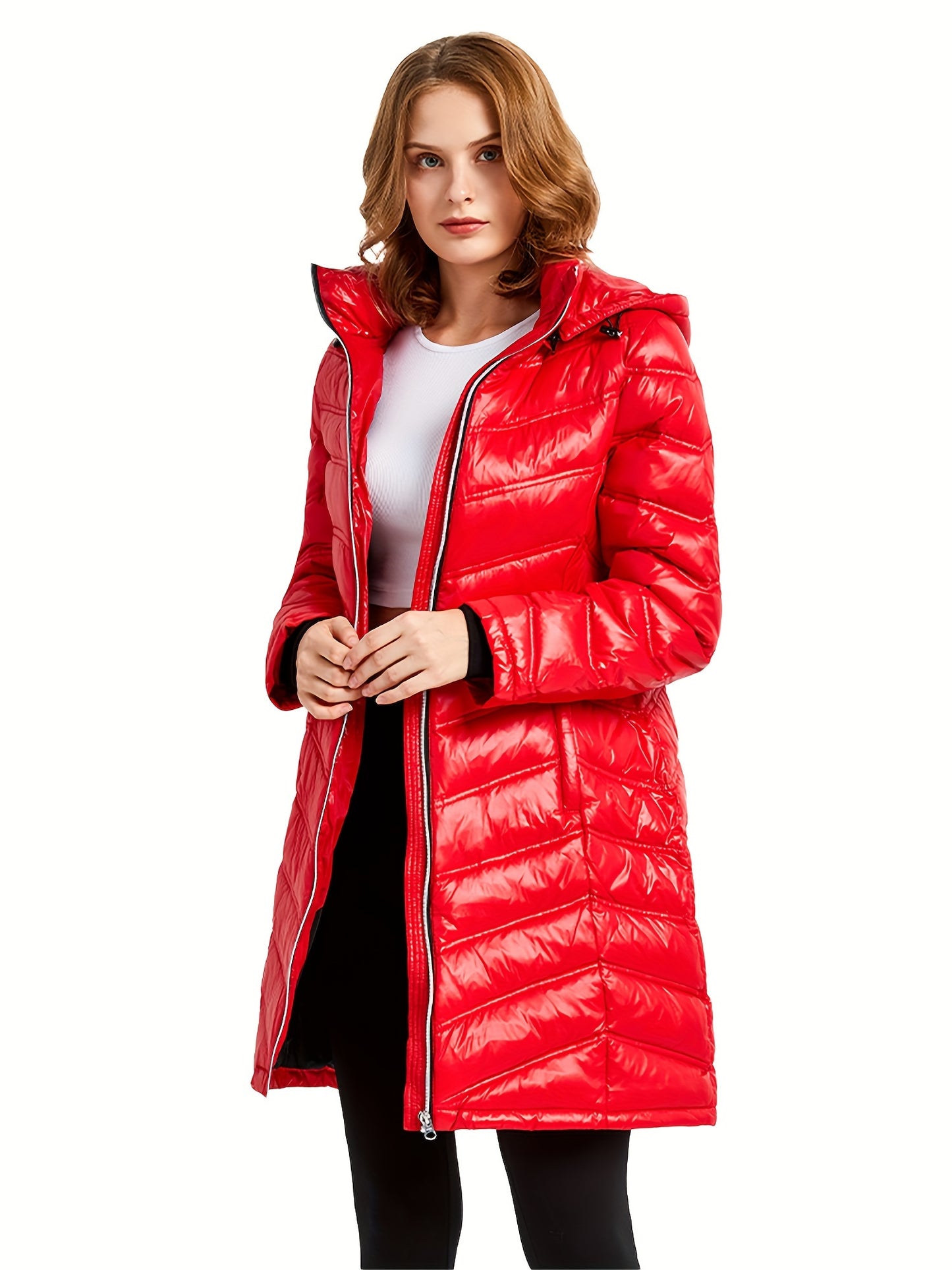 Ultra-Warm Women's Quilted Long Down Coat - Shiny Hooded Puffer Jacket with Water-Resistant Fabric, Adjustable cuffs, and Faux Fur Trim - Perfect for Cold Winter Days and Outdoor Activities