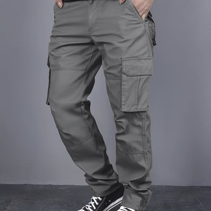 Mens Loose Fit Solid Color Cargo Pants - Multi-Pocket Drawstring Trousers for Weekend Casual - Polyester, Non-Stretch, Mid Waist, Regular Length, Hand Washable