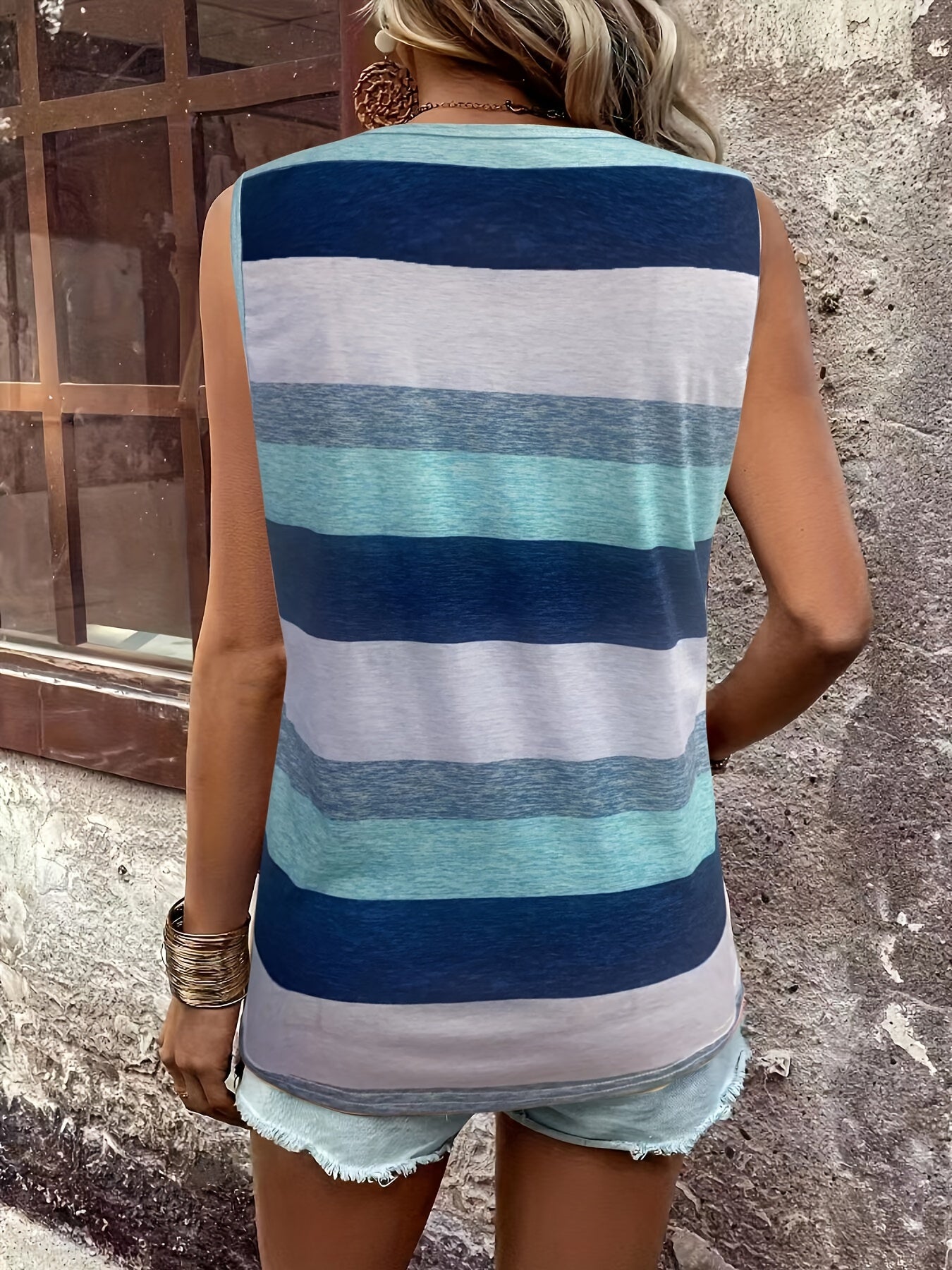 Striped Print Crew Neck Tank Top, Casual Sleeveless Patched Pocket Tank Top For Spring & Summer, Women's Clothing