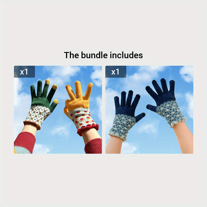 Winter Cycling Gloves - Full Finger Windproof Knit Floral Print Touch Screen Gloves for Women - Cold Weather Accessories for Outdoor Enthusiasts