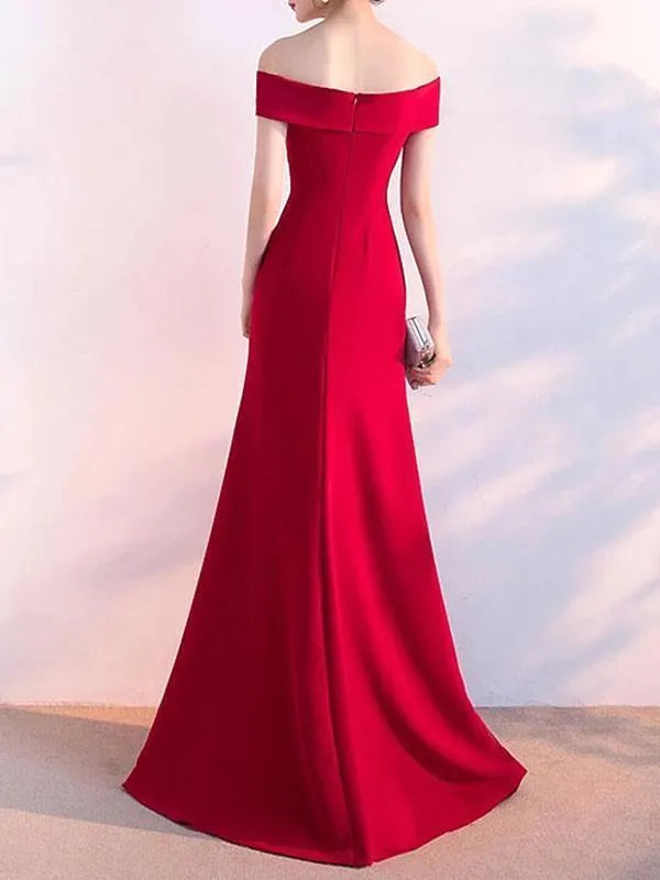 Elegant Red Navy Blue Bridesmaid Dresses A Line Off Shoulder Split Satin Maid of Honor Gowns Women Evening Prom Party Dress BC18719