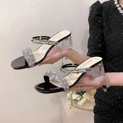 Dress Shoes Shining Gold and Silver Womens Sandals Summer  Crystal High Heels Party Comfortable Thick Sliding H240527