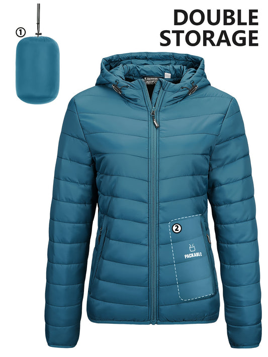 Women's Ultra-Lightweight Packable Full-Zip Puffer Jacket with Hood - Water-Resistant, Quilted, Insulated, Breathable, Windproof Winter Coat for Outdoor Activities - Ideal for Hiking, Camping, Travel, and Daily Wear