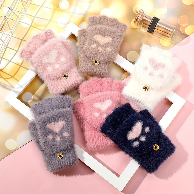 Cute Cat Paw Fuzzy Lined Mitten Gloves - Soft, Warm, Flip-Up, Fingerless, Winter Gloves with Aesthetic Design