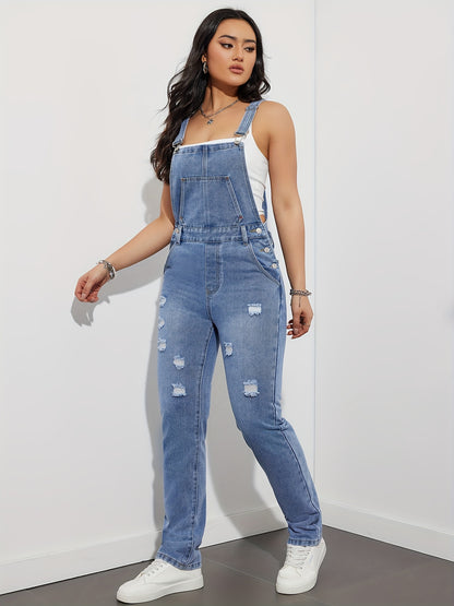 Women's Distressed Ripped Denim Overalls, Casual Loose Fit Jumpsuit With Pockets, Vintage Jean Dungarees For Daily Wear