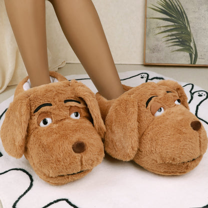 Cartoon Dog Plush Slippers 2 Pairs Set, Unisex Novelty Animal Slip-on Indoor House Shoes, Warm Fabric Lined Couples & Family Interactive Footwear, Perfect for Valentine's & Holiday Gifts