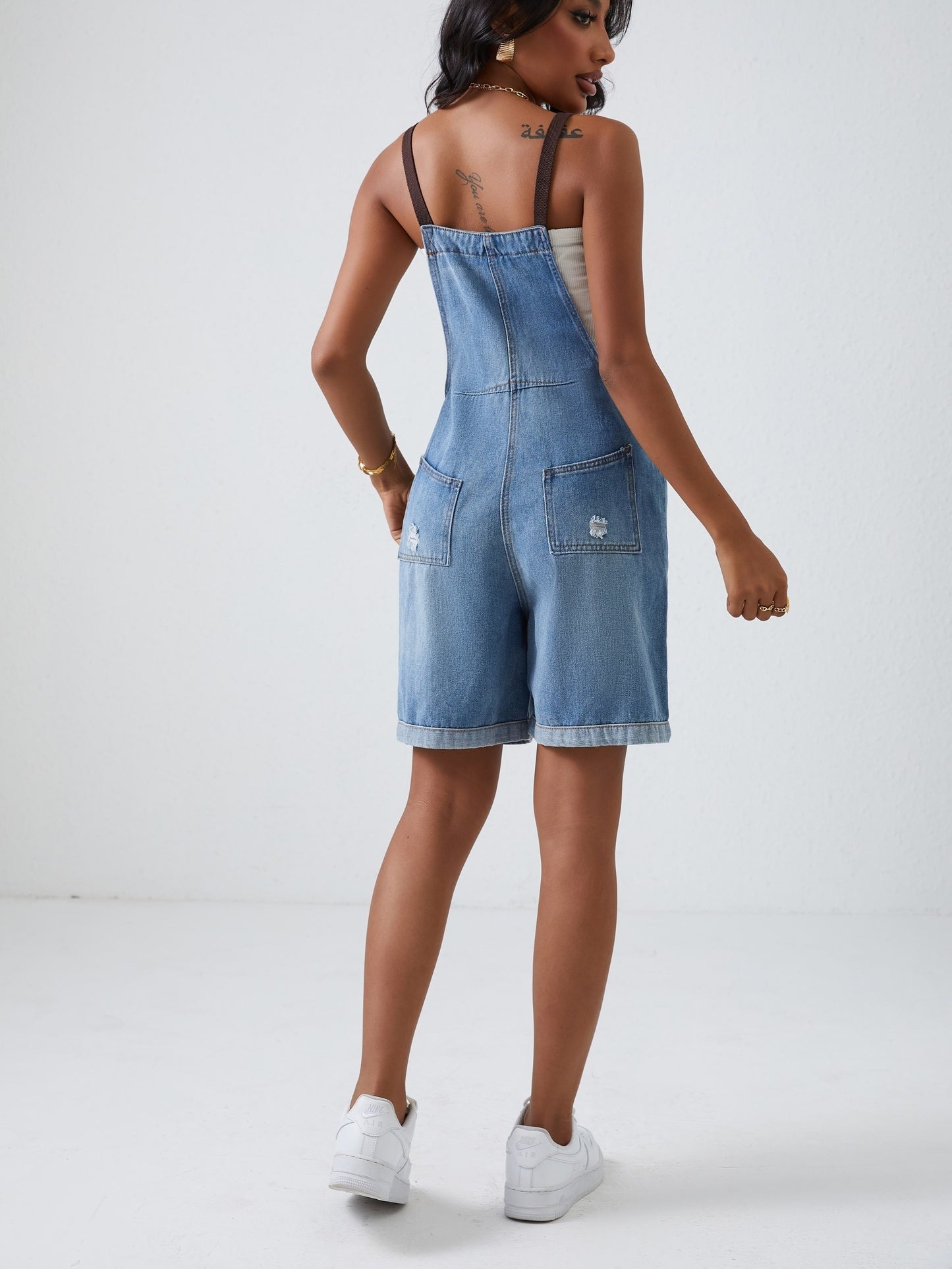 Blue Denim Jumpsuit with Bold Contrast Straps - Distressed Ripped Holes, Non-Stretch Romper - Fashionable Womens Clothing, Trendy Denim Statement