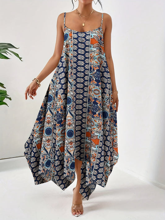 Vibrant Tropical Print Slingback Dress - Sleeveless, Loose-Fit, Casual Polyester Spaghetti Strap Cami Dress for Women - Perfect for Spring and Summer Vacation