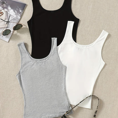 3 Packs Crew Neck Tank Tops, Casual Sleeveless Tank Tops For Summer, Women's Clothing