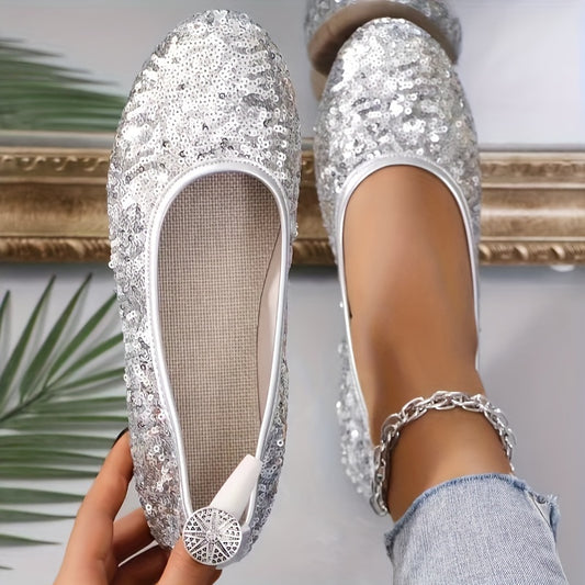 Women's Glitter Fashion Flats, Comfortable Slip-on Ballet Shoes With Sequins For Casual Wear
