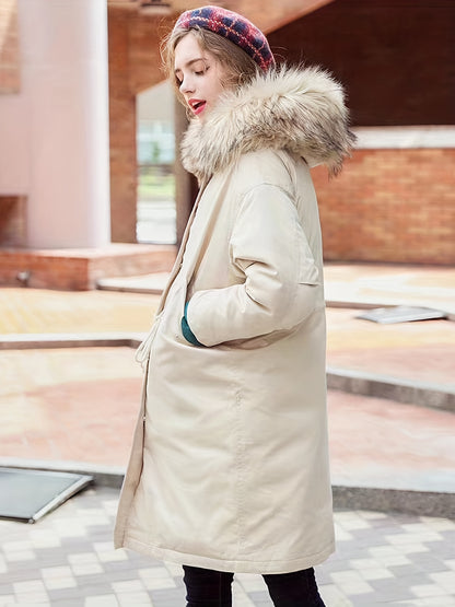 Faux Fur Trim Hooded Parka Jacket, Long Sleeve Drawstring Coat For Winter, Women's Clothing