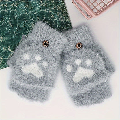 Cute Cat Paw Fuzzy Lined Mitten Gloves - Soft, Warm, Flip-Up, Fingerless, Winter Gloves with Aesthetic Design