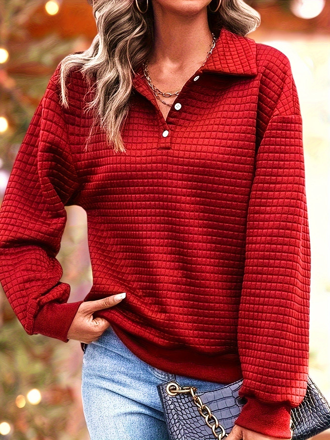 Cozy Waffle Knit Pullover Sweatshirt - Chic Quarter-Button, Lapel Collar, Long Sleeve - Perfect for Fall & Winter - Premium Quality, Soft, Stylish Womens Clothing