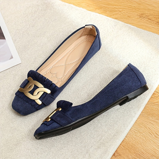 Comfy Slip-On Flats with Non-Slip Sole and Metallic Buckle Detail for Women - Perfect for Daily Wear and Square Toe Design for Added Comfort