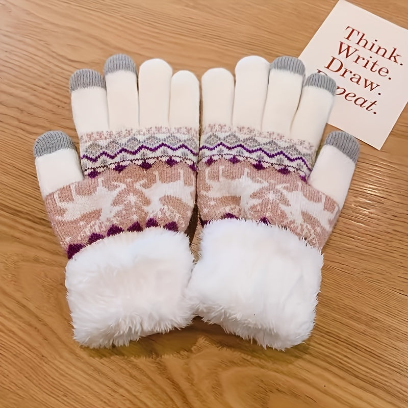 Plus Velvet Thickened Warm Gloves - Stretchy, Cute Deer Print, Touch Screen, Coldproof, Outdoor Cycling, Winter Warmth, Christmas Gift Idea