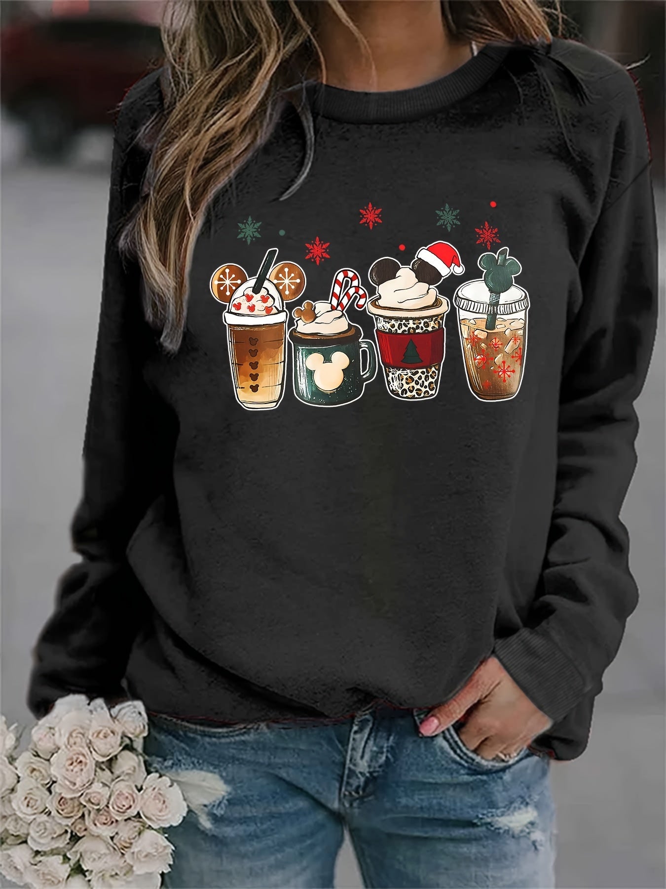 Christmas Coffee Print Sweatshirt, Casual Long Sleeve Crew Neck Sweatshirt, Women's Clothing